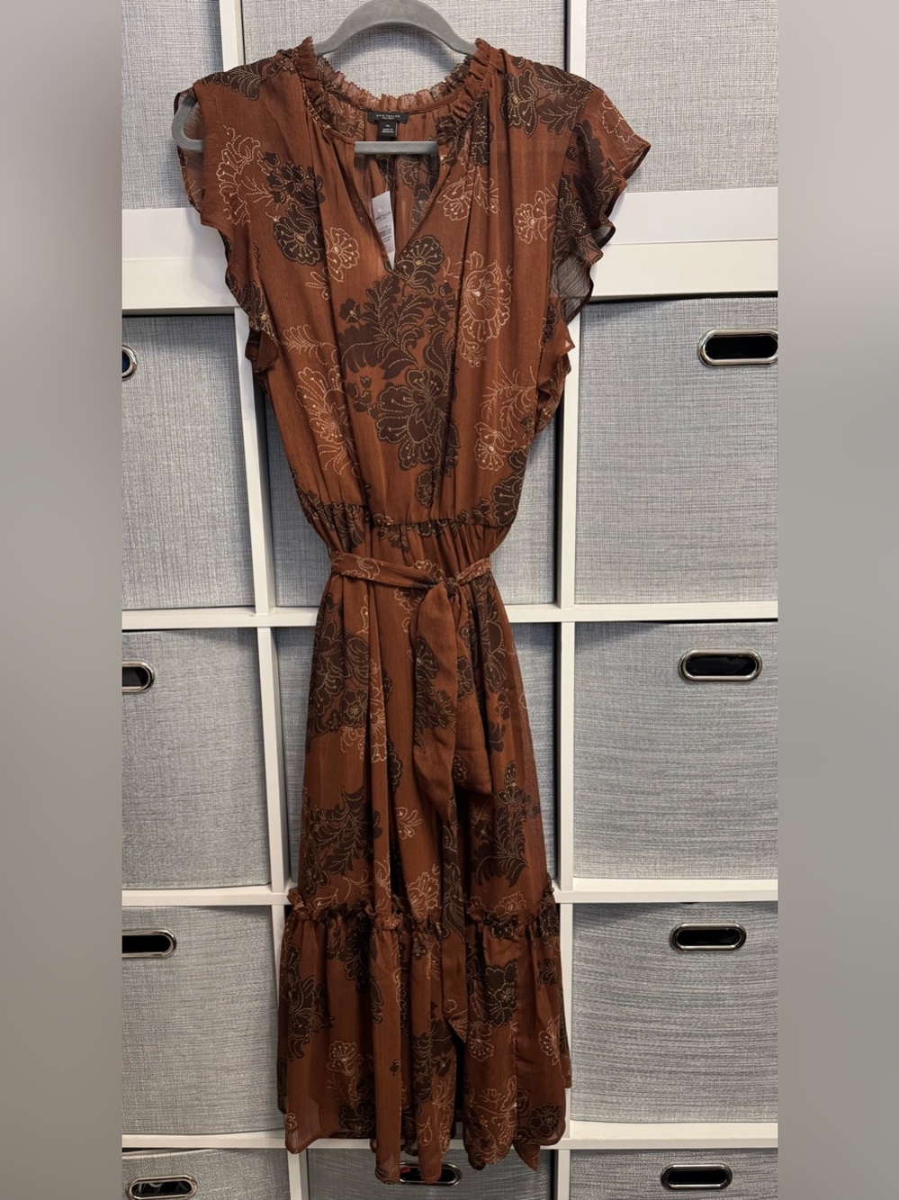 Ann Taylor Brown Floral Tiered Maxi Dress with Waist Tie